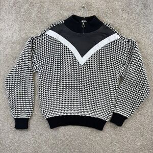 Fame Quarter Zip Sweater Mens Large Black White Vintage 80s Knit Leather Inlay